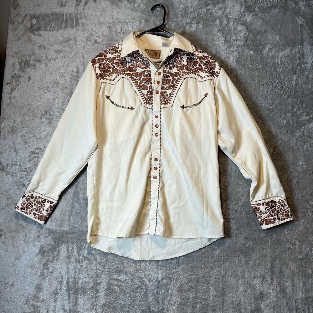 Scully Cream Western Button-Down Shirt with Brown Floral Embroidery
